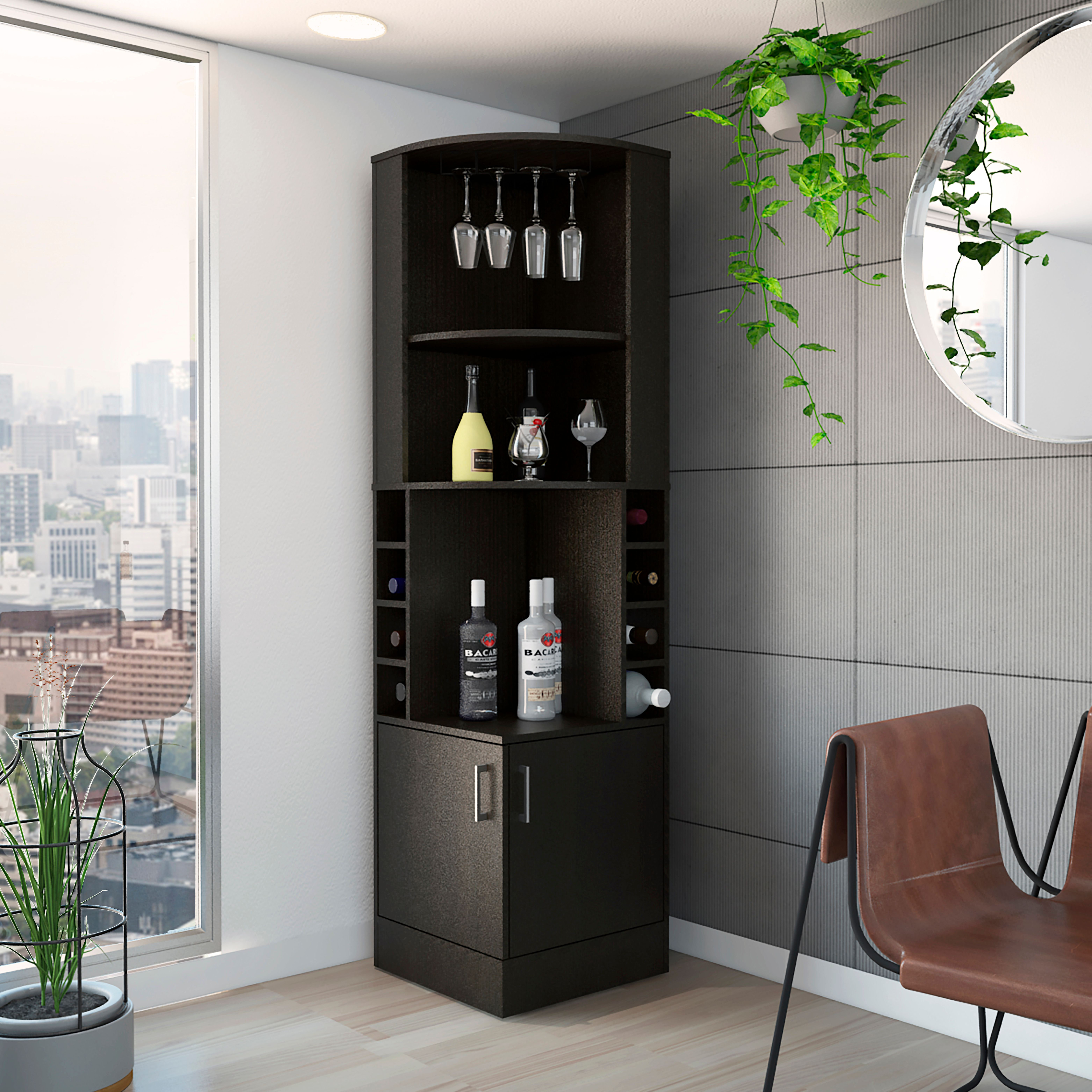 Lollis Syrah Space Efficient Corner Bar Cabinet with 2 Doors Ebern Designs Color Black